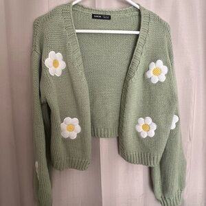 SHEIN Floral Cardigan – Cropped, Green & White Cottagecore